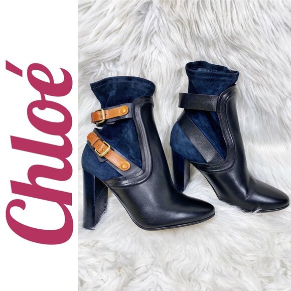 CHLOE SELENIA LEATHER ANKLE BOOTIE CUOIO BLUE BLOCK HEEL EQUESTRIAN, EU 37 - Picture 12 of 13